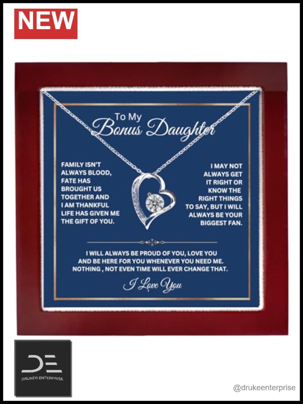 Bonus Daughter Pendant Necklace for Stepdaughter Gift with Card